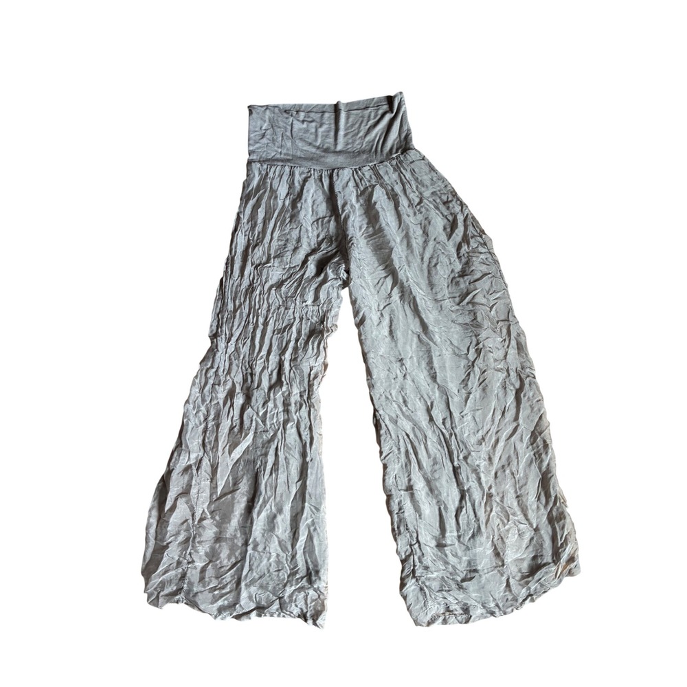 Tempo Paris Silk Wide Leg Pants Taupe Gray M Made in Italy Flowy Relaxed Chic